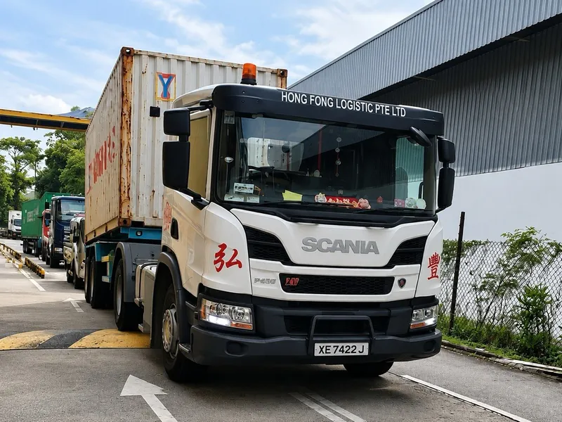 A white Hong Fong Logistic Scania prime mover pulling a container on a trailer